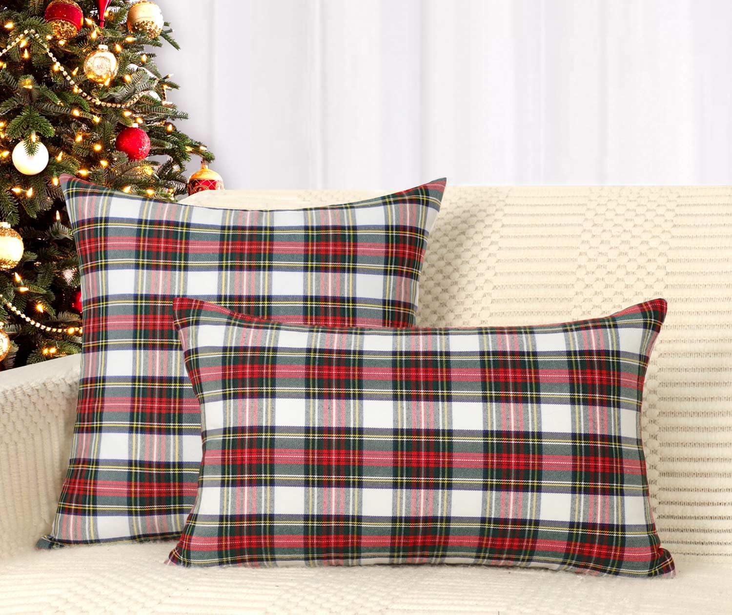 4TH Emotion Set of 2 Christmas Scottish Tartan Plaid Throw Pillow Covers Cushion Case Polyester for Farmhouse Home Decor Red and White, 20 x 20 Inches