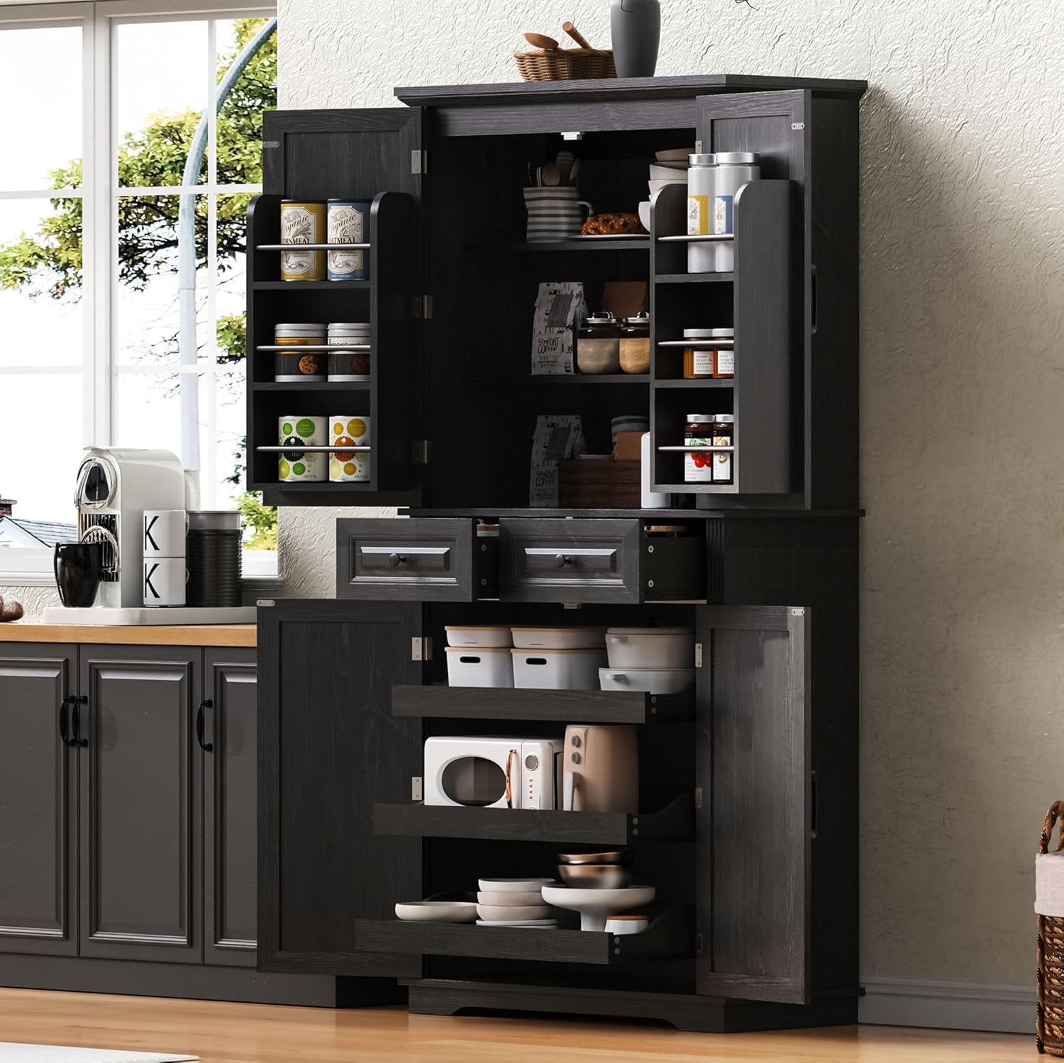 Anwick 71" Tall Kitchen Cabinet Pantry Storage, Modern Kitchen Hutch Cabinet with 2 Large Drawers, Freestanding Cupboard Cabinets with 2 Adjustable Shelves & 6 Door Shelves (Black-4Doors)