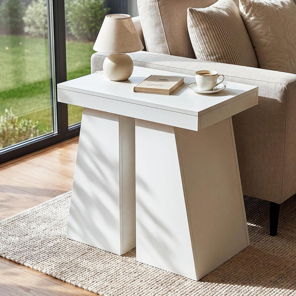 LITTLE TREE End Table for Couch, 24" Large Wooden End Table with Trapezoid Base, Tall Wood Sofa Side Table, Farmhouse Nightstand for Bedroom, Living Room, White