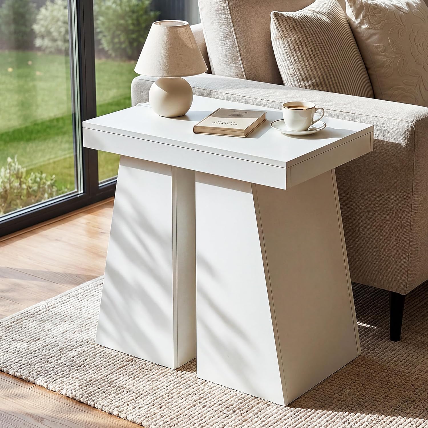 LITTLE TREE End Table for Couch, 24" Large Wooden End Table with Trapezoid Base, Tall Wood Sofa Side Table, Farmhouse Nightstand for Bedroom, Living Room, White
