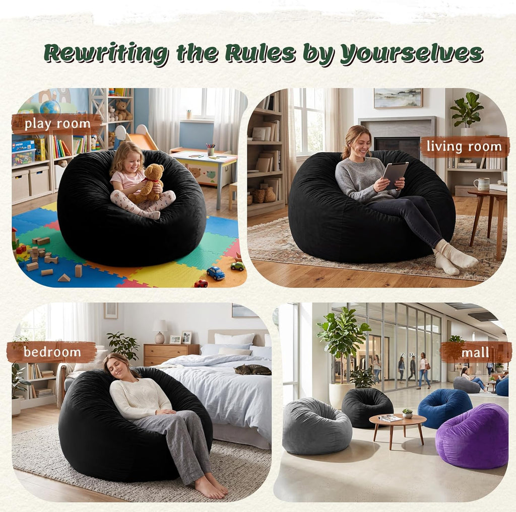 ZurNesfure Bean Bag Chairs for Adults 3FT Large Bean Bag Chair Memory Foam Filled Lazy Sofa with Removable Washable Cover Beanbag for Living Room Bedroom Dorm (Black, Medium)