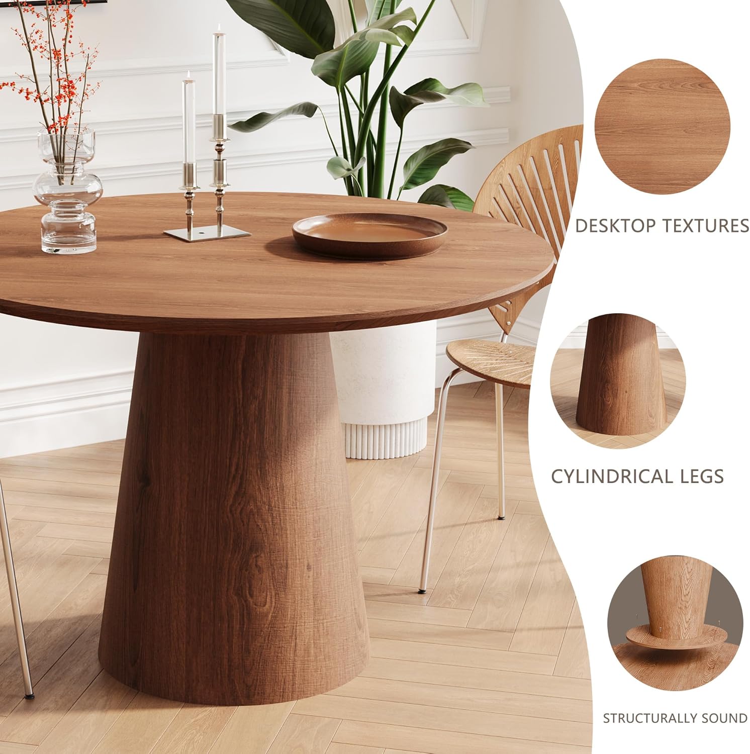 43" Round Dining Table Modern for 4, Natural Wood Grain Circle Kitchen Table with Cone Wood Pedestal Base, Mid Century Circular Dining Table for Living Room, Walnut