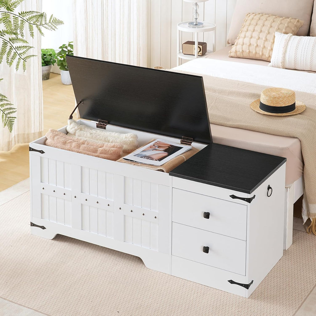 HOOBRO Storage Bench, Toy Box with Dual Drawers and Safe Hinge, Storage Chest with Extra-Long Thick Top, Easy Assembly, for Living Room, Bedroom, White and Black WB212CW01