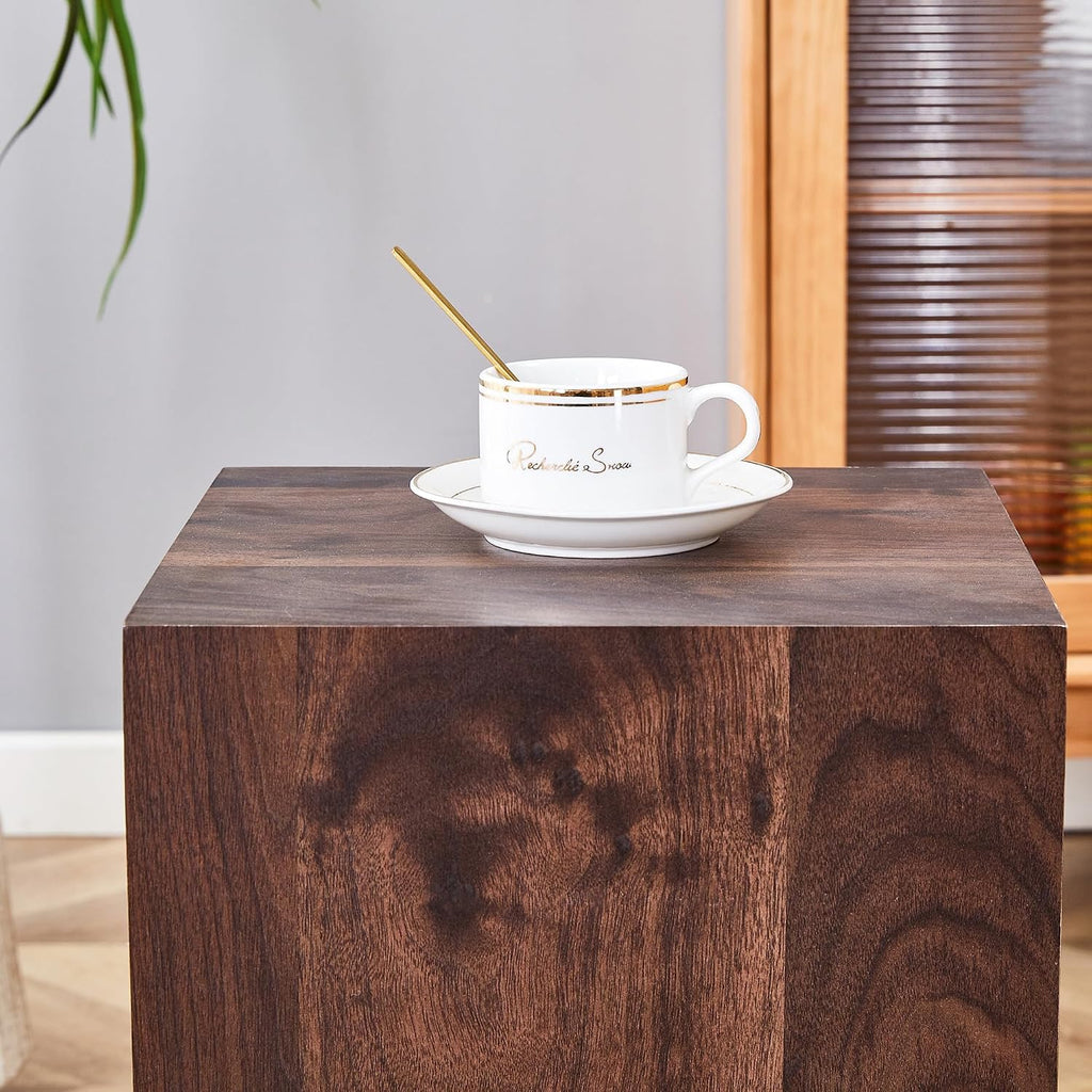 Modern Walnut Wooden End Table for Living Room, MDF Construction Square Sofa Side Table Small Nightstand for Home Apartment, 12 x 12 x 20 Inch, Easy to Clean, Non-Slip Feet Pad