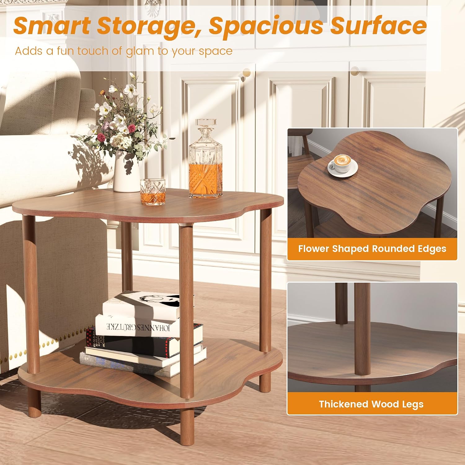 Wood End Side Table with Storage Shelf, 2-Tier Flower Shaped Coffee Table for Living Room, Walnut Sofa Tables, Modern Accent Side Tables for Couch, Farmhouse Nightstand for Bedroom, Small Spaces