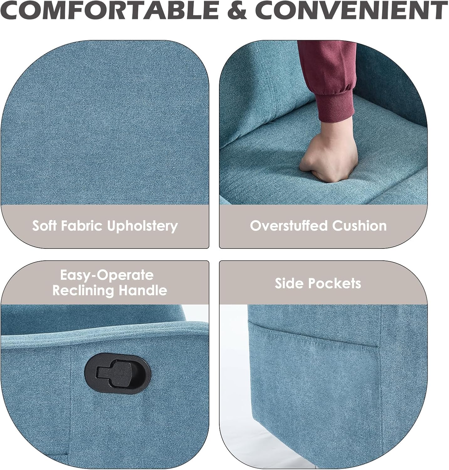 Trustyue Swivel Rocker Recliner Chair, 360° Swivel Recliner with Heat and Massage, Rocker Recliner Nursery Glider Chair with Side Pockets for Living Room (Light Blue, Fabric)
