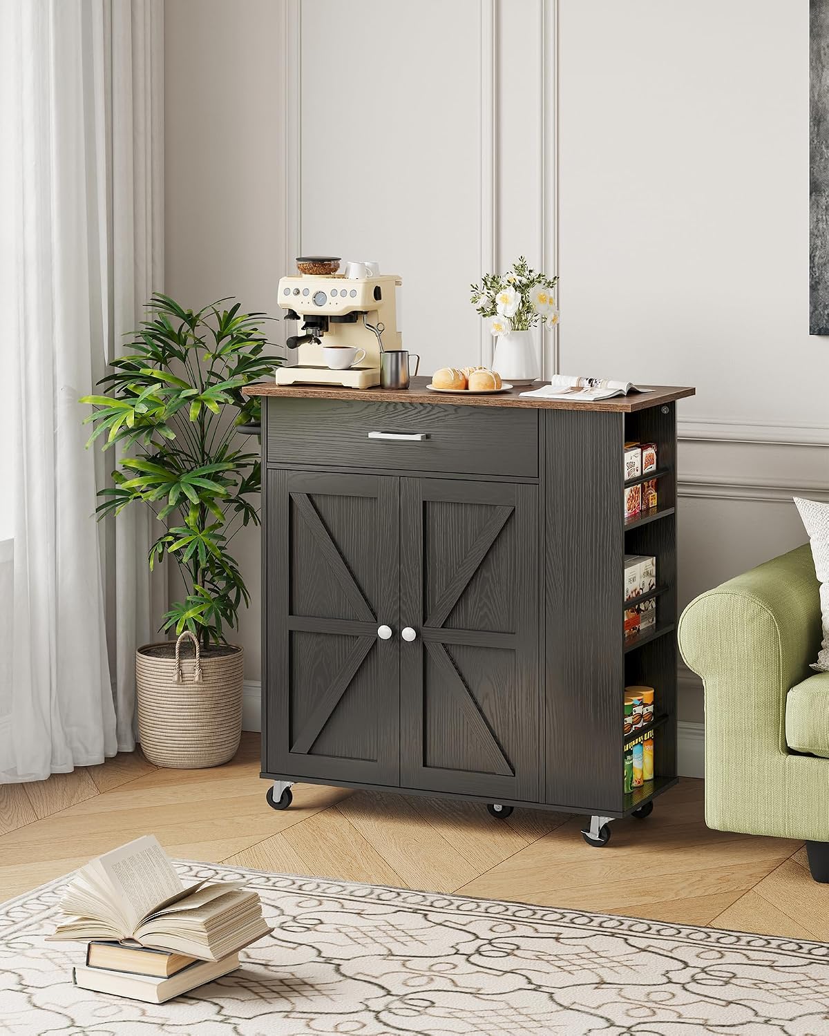 CHOEZON Kitchen Island Cart with Storage, Bar Cart with Charging Station, Kitchen Island on Wheels, Rolling Mobile Table with Cabinet, 3 AC Outlets, Black and Walnut MZD04UBL