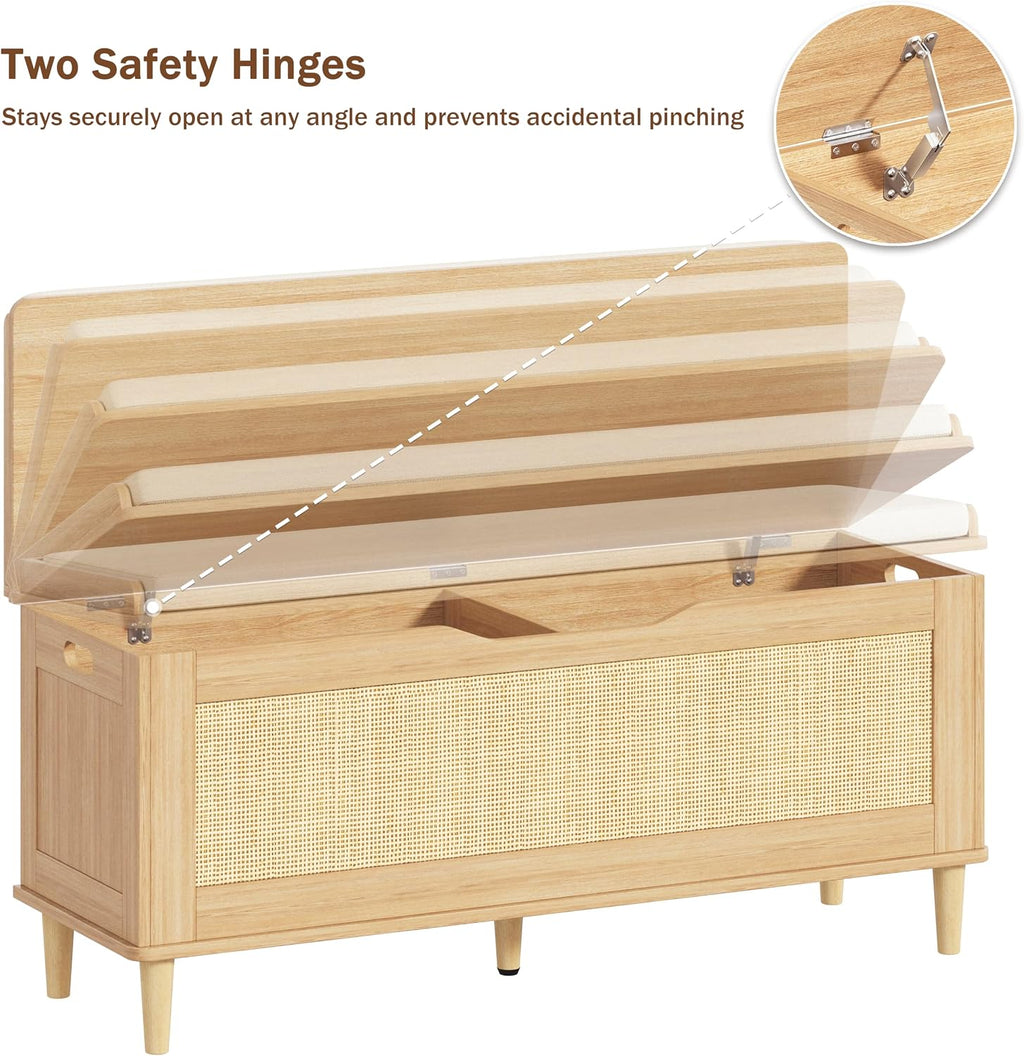 Keehusux 47.2" Rattan Storage Chest with Padded Seat Cushion, Extra Large Storage Bench with 2 Safety Hinges, Storage Trunk with Solid Wood Legs & Rounded Corners for Entryway, Bedroom, Natural Oak