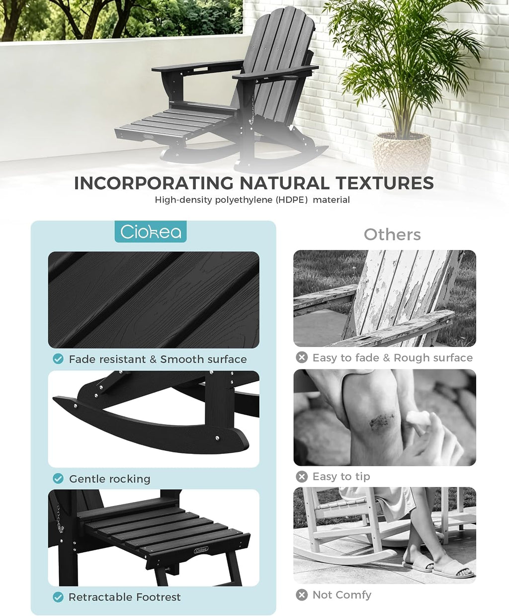 Ciokea Folding Adirondack Rocking Chairs Set of 2 with Retractable Ottoman, 4-in-1 Outdoor Adjustable Adirondack Chair with Cup Holders, HDPE Rocker for Porch, Deck, Patio, Poolside (Black)