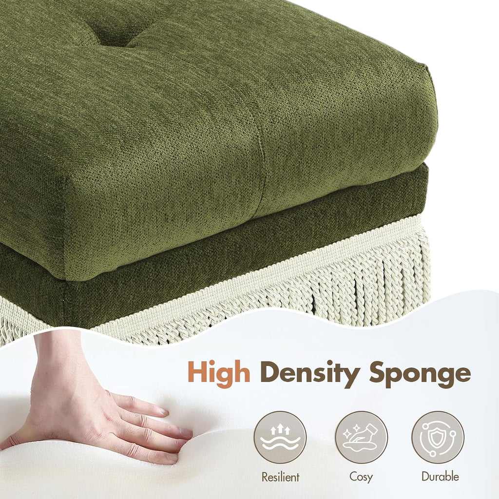 Hyfirm 22 Inch Square Green Ottoman with Fringe for Living Room, Plush Footstool Ottoman for for Bedroom, Modern Boho Upholstered Accent Pouf Ottomans Foot Rest