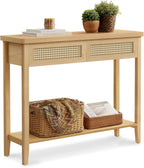 VASAGLE Console Sofa Table, Narrow Entryway Table, 2 Drawers, Open Storage Shelf, Rounded Corners, for Living Room, Boho Style, Oak Beige ULNT016YC01S