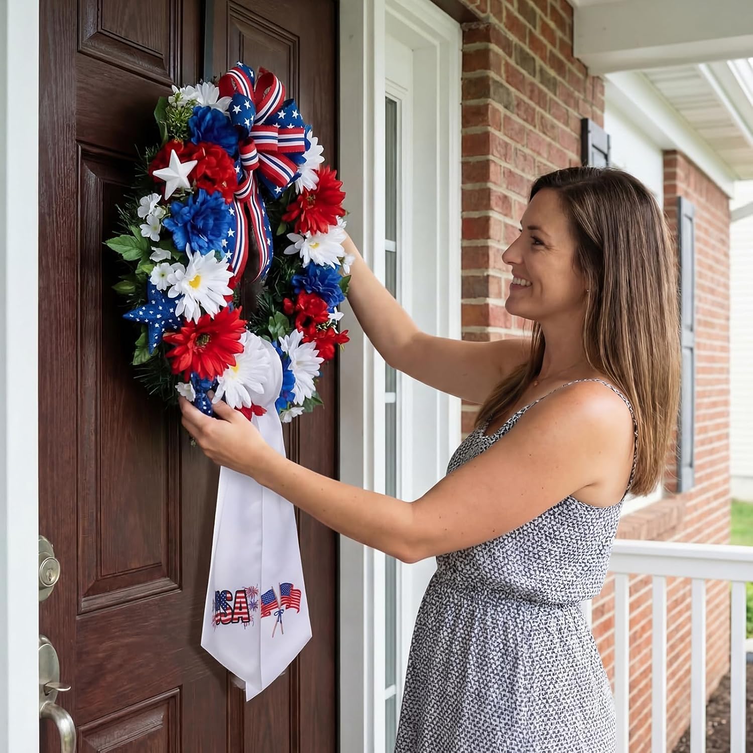 250th Anniversary Wreath Sash for Front Door 4.5'' x 56'' 4th of July Wreath Sash with USA Flags Red White and Blue Patriotic Decor for Independence Memorial Day Porch Yard Door Home Decor