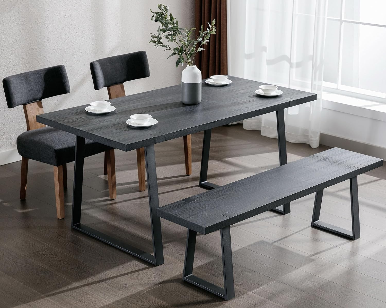 VESCASA 60" Wood Dining Bench with Black Metal Legs for Dining Room, Kitchen, Black