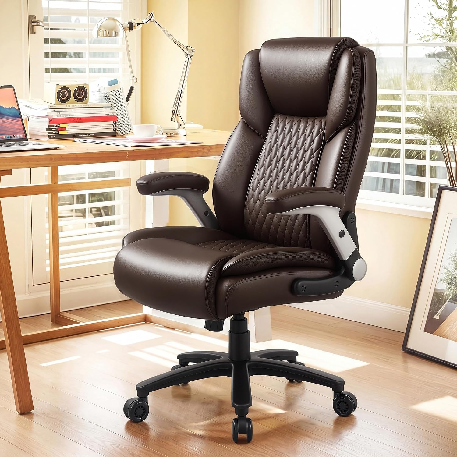 LEMBERI 500lbs Big and Tall Office Chair, Heavy Duty Executive Chair, High Back Desk Chair, Adjustable Lumbar Support, Pocket Spring Cushion, for Heavy People (Brown)