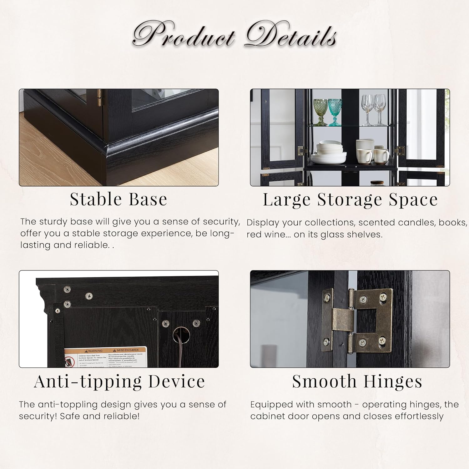 Lighted Curio Cabinet 71" Vintage Glass Display Case with Adjustable Shelves, 4 Tempered Glass Doors, Bulb Included, Wooden Square Wine Bar China Cabinet for Living Room Liquor Storage (Black)