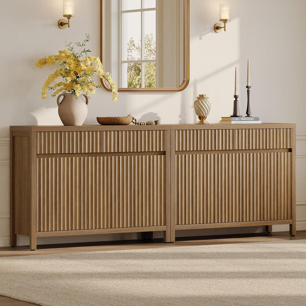 SICOTAS Fluted Sideboard Buffet Cabinet with Storage – Extra Large Credenza Accent Cabinet with 2 Drawers and 3 Doors, 84" Modern Entryway Cabinet Console with Adjustable Shelves for Living Room