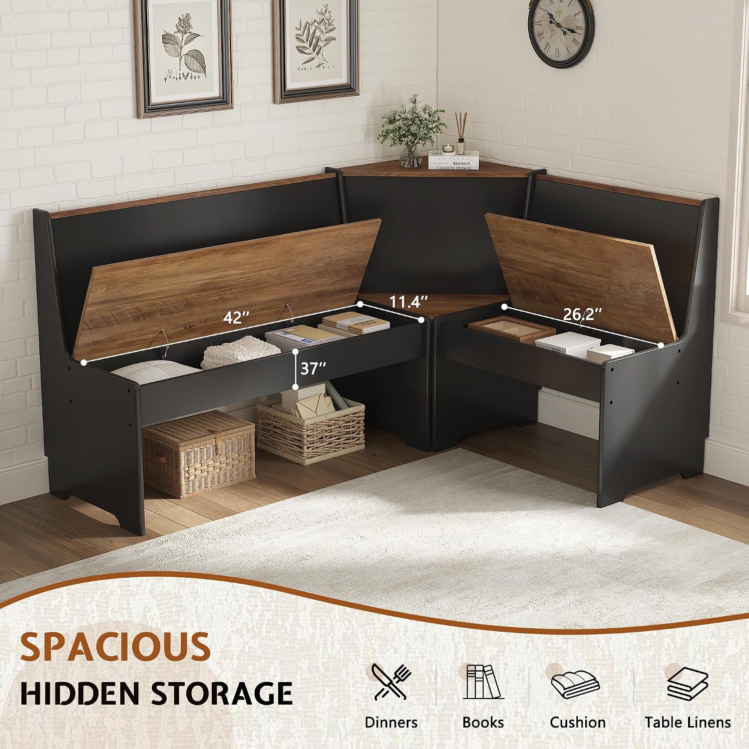 LUXOAK 3-Piece Corner Dining Set with Hidden Storage, Black Oak | Breakfast Nook, L-Shaped Corner Bench, Hidden Storage, Space Saving Design for Small Space, Kitchen Dining Room Furniture