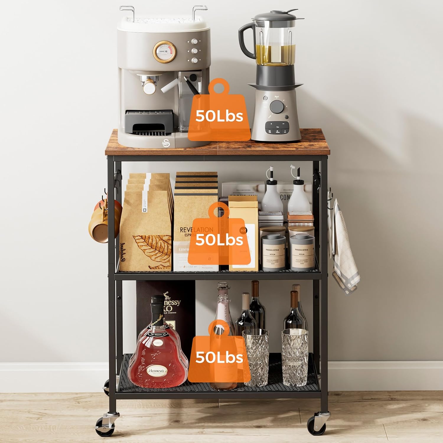 Homleke 3-Tier Rolling Kitchen Microwave Cart, Kitchen Utility Cart on Lockable Wheels, Coffee Bar Table Station with 6 S-Shaped Hooks, Small Appliance Storage Shelf, Rustic Brown and Black