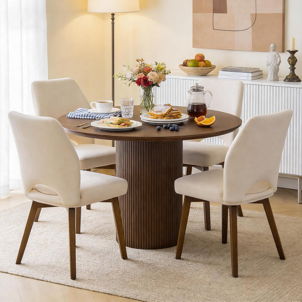 Dining Chairs Set of 4, Upholstered Kitchen Chairs with Unique Cutout High Back & Wood Legs, Comfortable Fabric Side Chair for Dining Room, Living Room, Beige