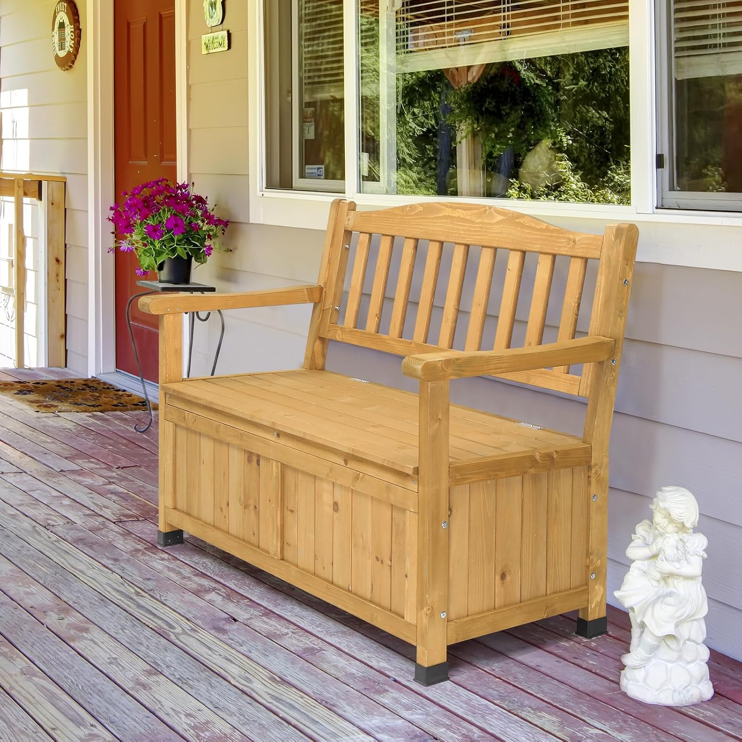 Outdoor Wooden Storage Bench with Armrests, Large Deck Box and Seating, Patio Organizer Loveseat, 44" Fir Wood, Weather Resistant for Garden, Backyard, Porch, Deck Box Seat for Porch Backyard Poolside