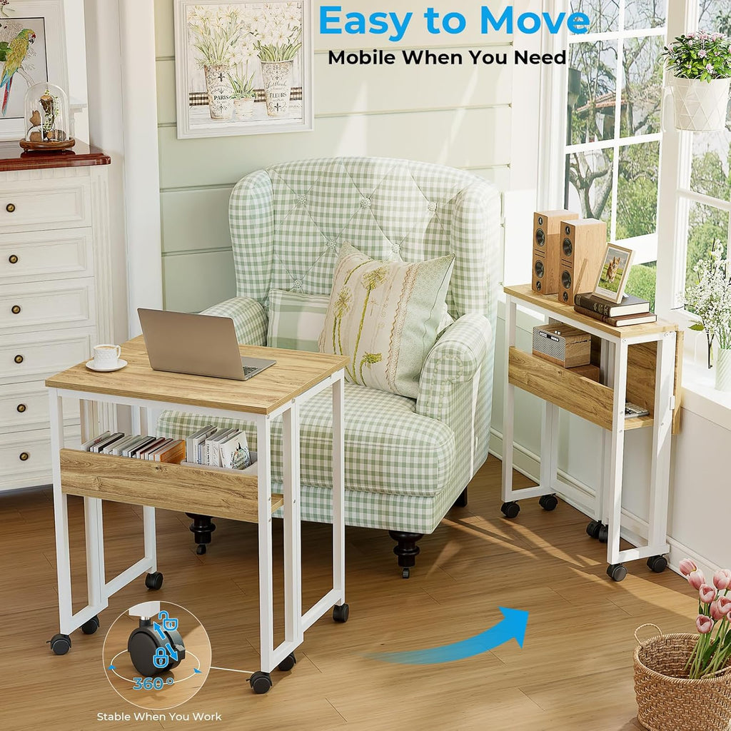 GreenForest Folding Desk with Wheels, 24.8 Inch Compact Rolling Computer Table with Storage Shelf, Portable Mobile Workstation for Small Spaces, Easy Assembly, Oak