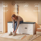 Apicizon 2-Tier Storage Bench, 47.36" Entryway Bench with Seat Cushion, 4 Barn Doors, Adjustable Shelves, Shoe Bench for Entryway Hallway Bedroom Living Room, Beige White