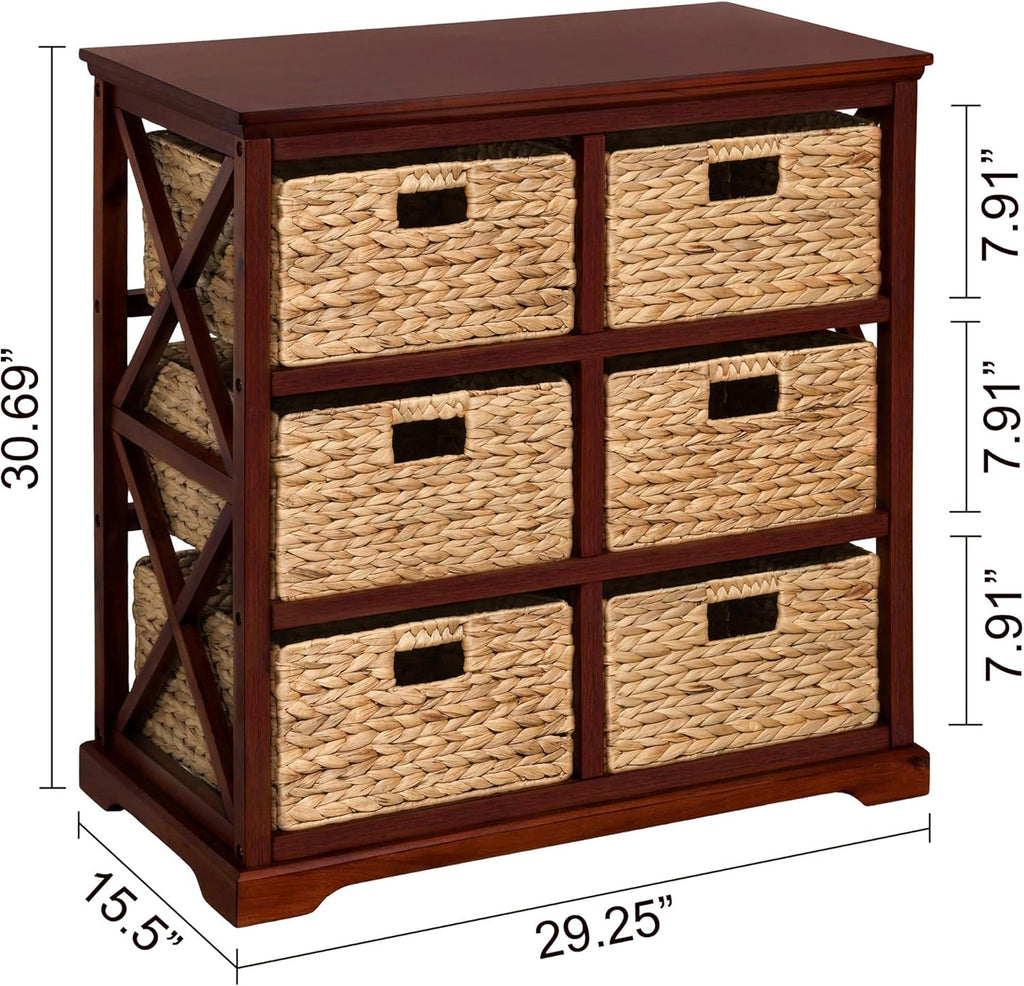 eHemco Hampton Meadows 3 Tier X-Side End Storage Cabinet with 6 Wicker Baskets, Cherry