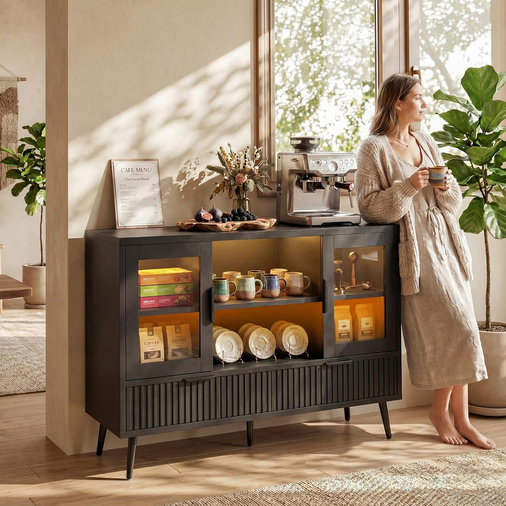 44" Sideboard Buffet Cabinet with Storage, Smart LED Lights Coffee Bar Cabinet with 8 Drawers & Adjustable Shelves, Modern Kitchen Storage Credenza Console Table for Living Room, Black