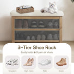 Zihanhome 2 Tier Shoe Rack Bench with Cushion, Solid Wood Shoe Benches, Mid-Century Modern Shoe Storage Bench for Entryway, Hallway, Living Room, Closet, Front Door Entrance, (Beige, 31.5")