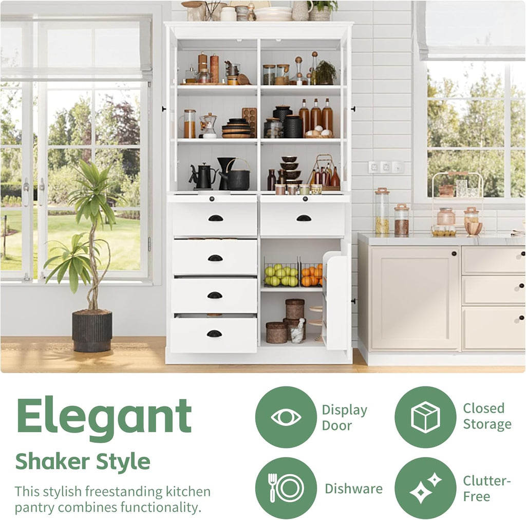 Vintage 72" Freestanding Kitchen Pantry with Glass Doors, Coffee Bar Station, Adjustable Shelves & Serving Trays for Dining & Living Room (White20)