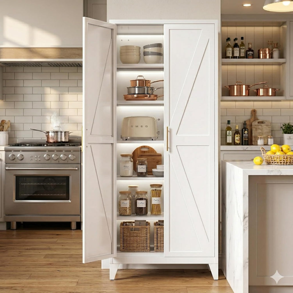 75.3" Tall Kitchen Pantry Storage Cabinet with 5 Adjustable Shelves, Metal Panty Cabinet with Doors, X-Shaped Embossed Panels, Heavy Duty Steel Storage Organizer for Home, Required Assembly
