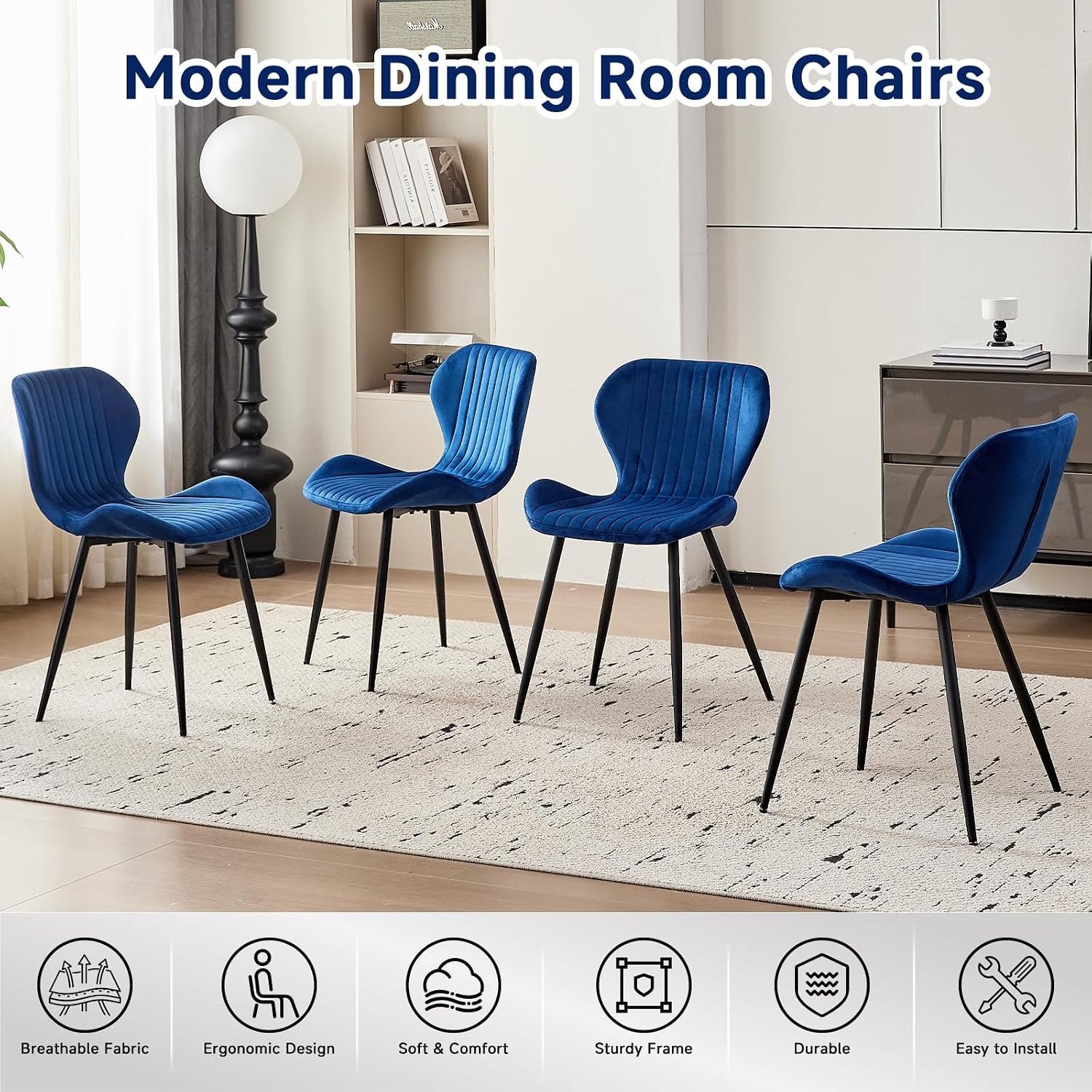 Velvet Dining Chairs Set of 4, Mid Century Modern Plain Color Upholstered Chair with Backrest Metal Legs for Kitchen, Bedroom, Living Room and Office, Blue(Only Chairs)
