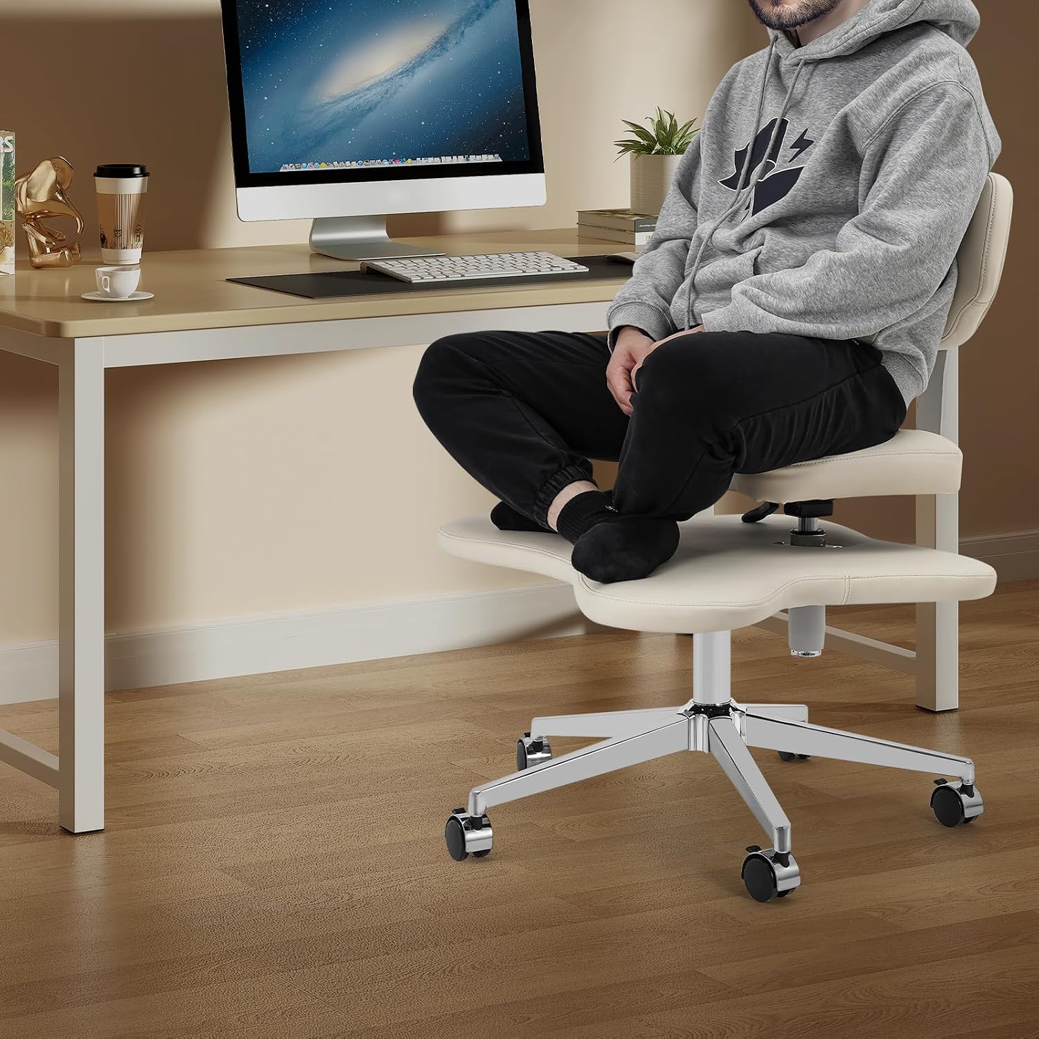 Cross Legged Office Chair, Ergonomic Criss Cross Desk Chair, Meditation Chair with Wheels, Height Adjustable Seat with Back Support