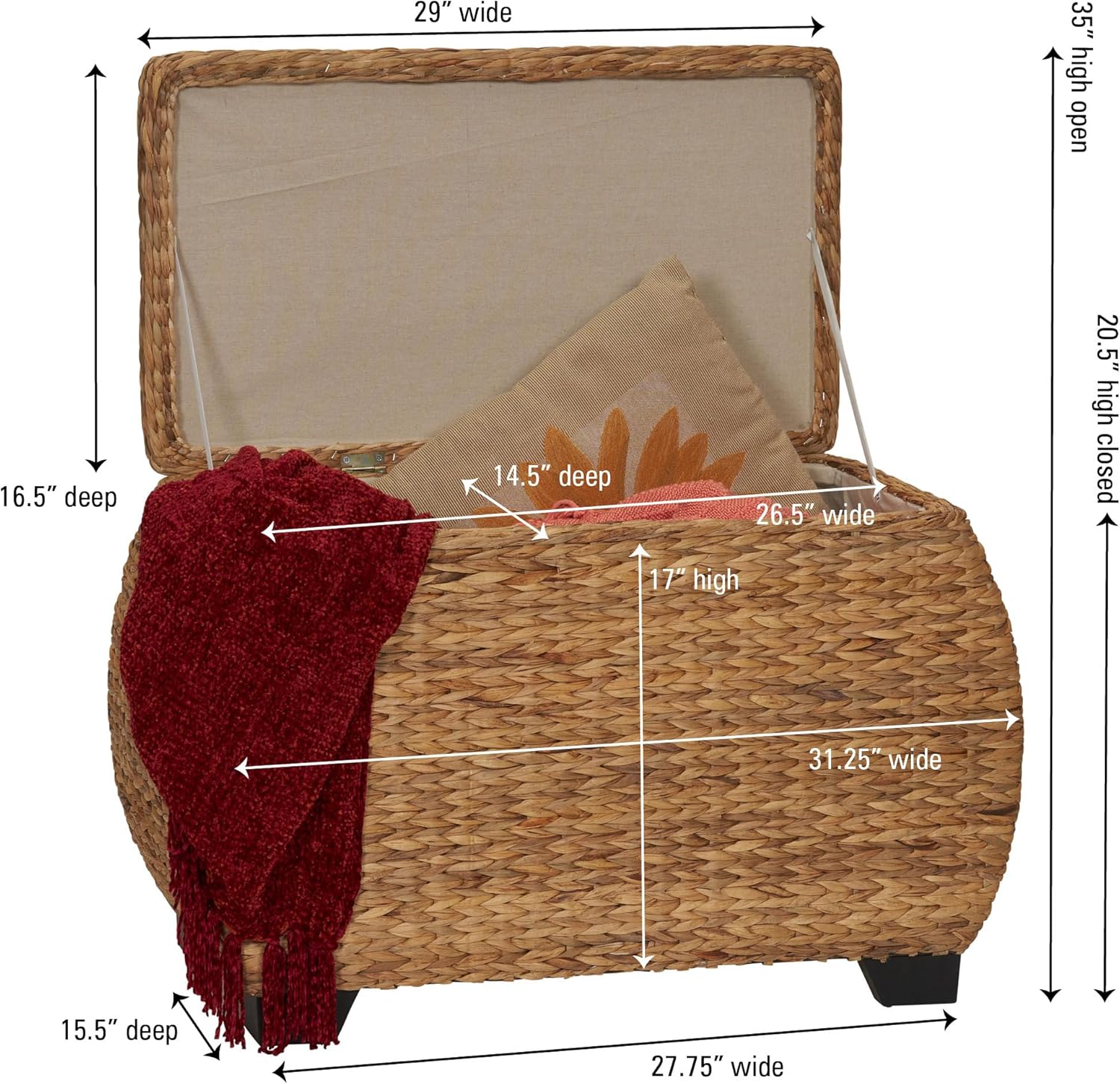 Household Essentials Large Curved Wicker Storage Chest with Liner | Water Hyacinth, Natural