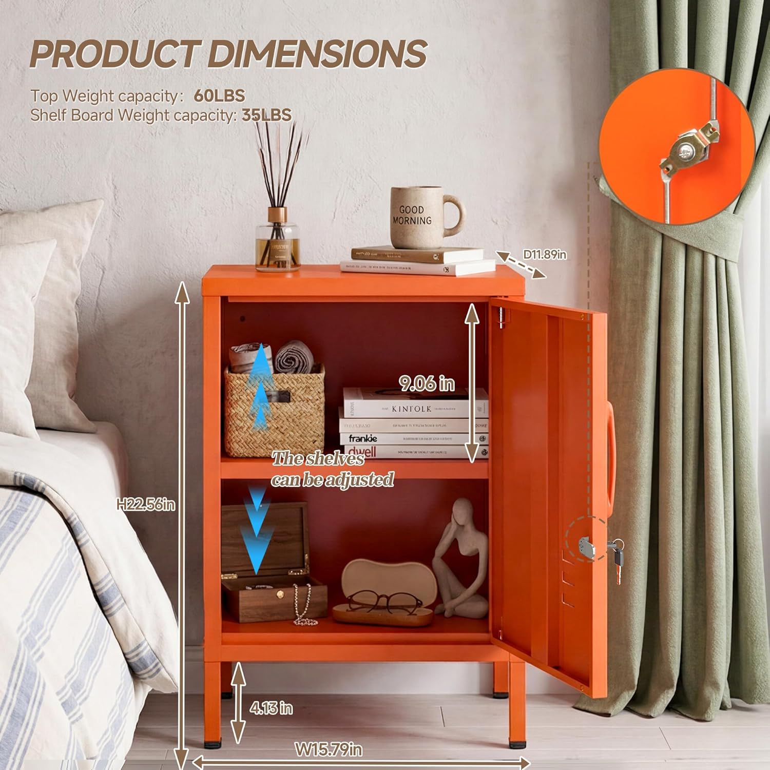 Lockable Metal Nightstand with Door, Industrial Storage Locker End Table, Small Bedside Table for Bedroom Living Room Dorm, Orange