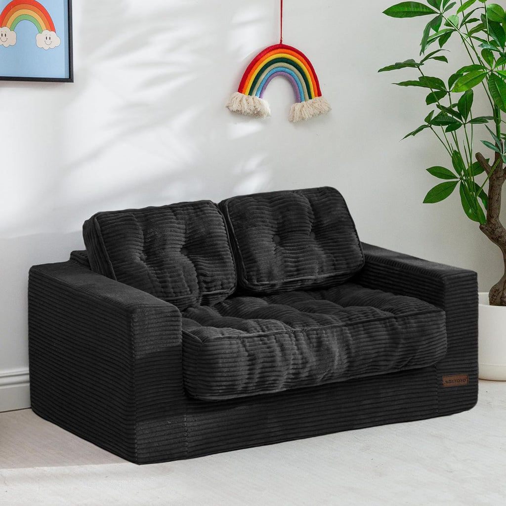 MAXYOYO Kids Bean Bag Chair, Upholstered Bean Bag Sofa Cloud 2-Seat for Boys and Girls, Boneless Couch with Tufted Cushion & Pillows, Kids Sofa in A Box, No Assembly Required, Black