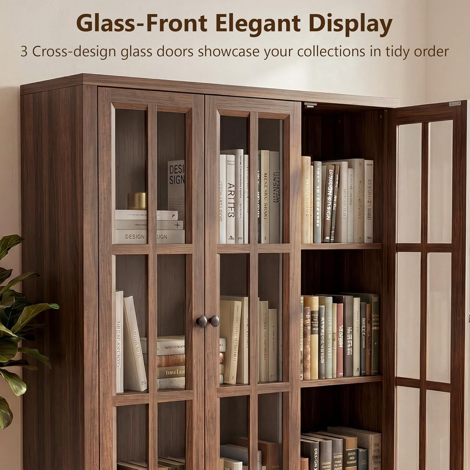 51" Tall Modular Pantry Storage Cabinet, Farmhouse Kitchen Pantry Cabinet with Adjustable Shelves & Glass Doors, Food Storage Cabinet for Kitchen, Living Room (1, Cracked Oak, 51 Inch)