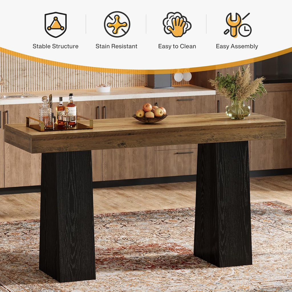 Tribesigns 63 Inch Wood Bar Table, Rustic Rectangular Bar Height Counter Table with Thickened Tabletop & Sturdy Base for Home, Basement, Event, Brown Black (1)