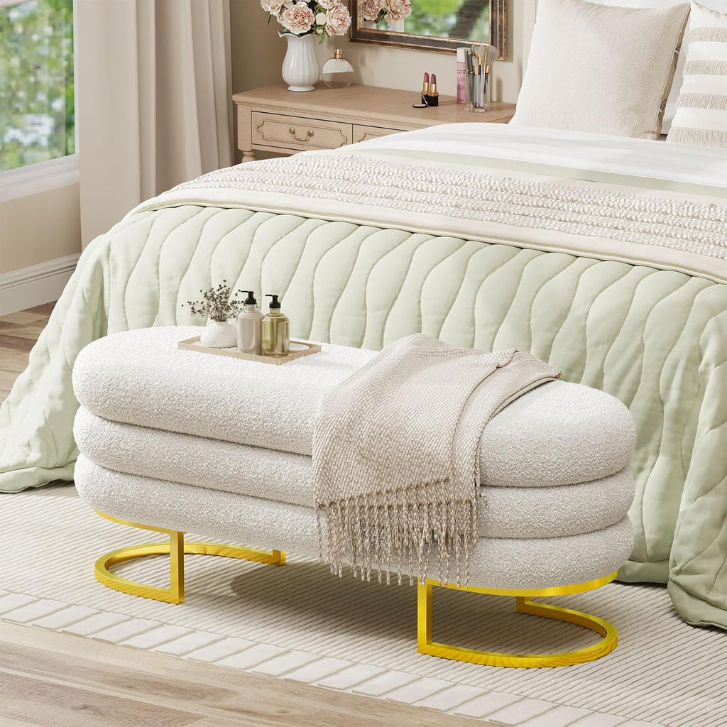 Halitaa 48.82" Storage Ottoman Bench, Large Oval Ottoman with Padded Blanket and Chest Aesthetic Upholstered Fabric Storage Bench Shoe Seat with Golden Metal Leg for Bedroom, Entryway, Living Room