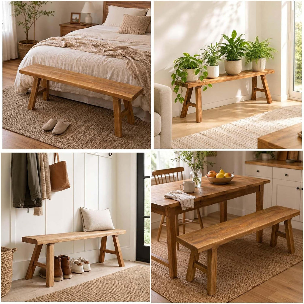 Farmhouse Solid Wooden Narrow Bench Natural Rustic Kitchen Dining Table Skinny Entryway Shoe Benches 47.2/62.9/70.8/78.8 In End of Bed Bench Dining Bench Shoe Bench For Hallway(59x10.2x17.7in)