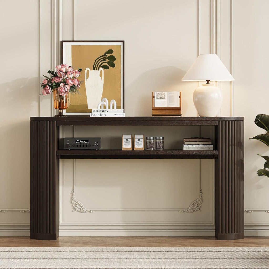 Vintage Farmhouse Console Table with Fluted Legs & Ash Veneer Top - Oval Entryway Sofa Table, Rustic Accent with Open Storage Shelf, Distressed Finish Options (Espresso9)