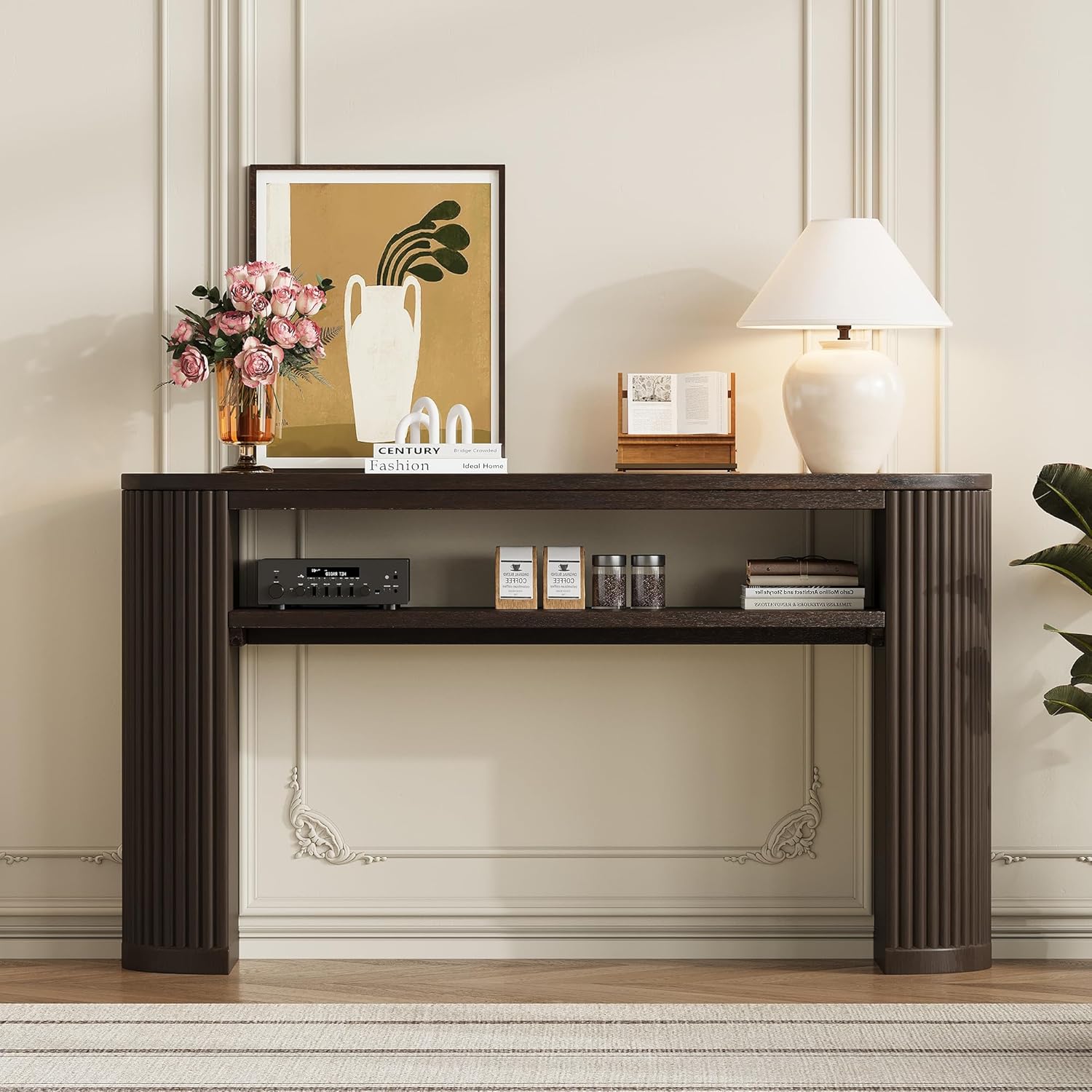 Vintage Farmhouse Console Table with Fluted Legs & Ash Veneer Top - Oval Entryway Sofa Table, Rustic Accent with Open Storage Shelf, Distressed Finish Options (Espresso9)