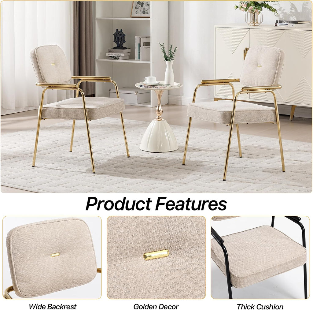 HENGJIANYI Accent Chair Dining Chair Set of 2, Chenille Upholstered Armchair Reading Side Chair, Comfy Living Room Chair with Gold Metal Legs for Bedroom Waiting Room, Beige