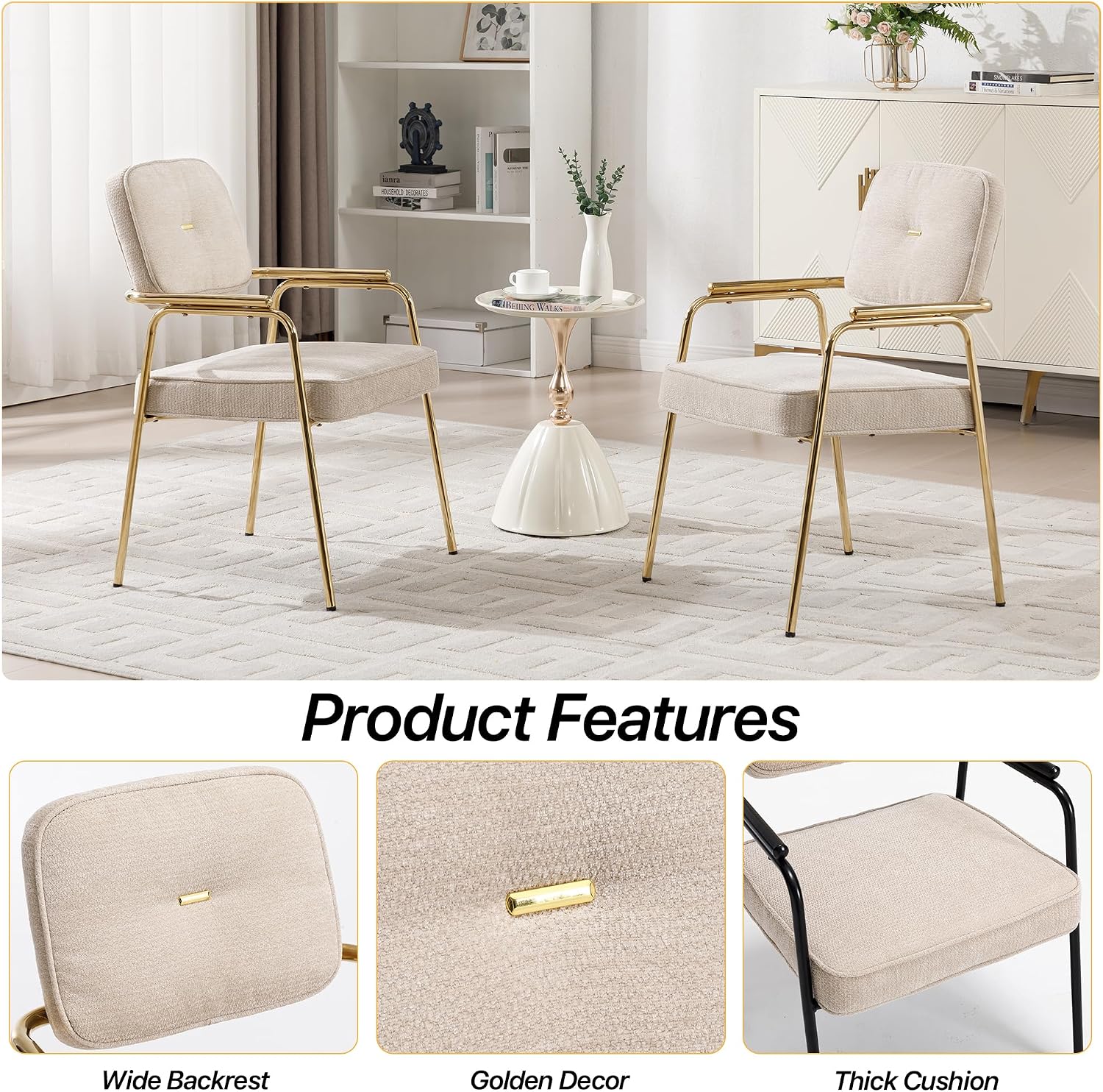 HENGJIANYI Accent Chair Dining Chair Set of 2, Chenille Upholstered Armchair Reading Side Chair, Comfy Living Room Chair with Gold Metal Legs for Bedroom Waiting Room, Beige