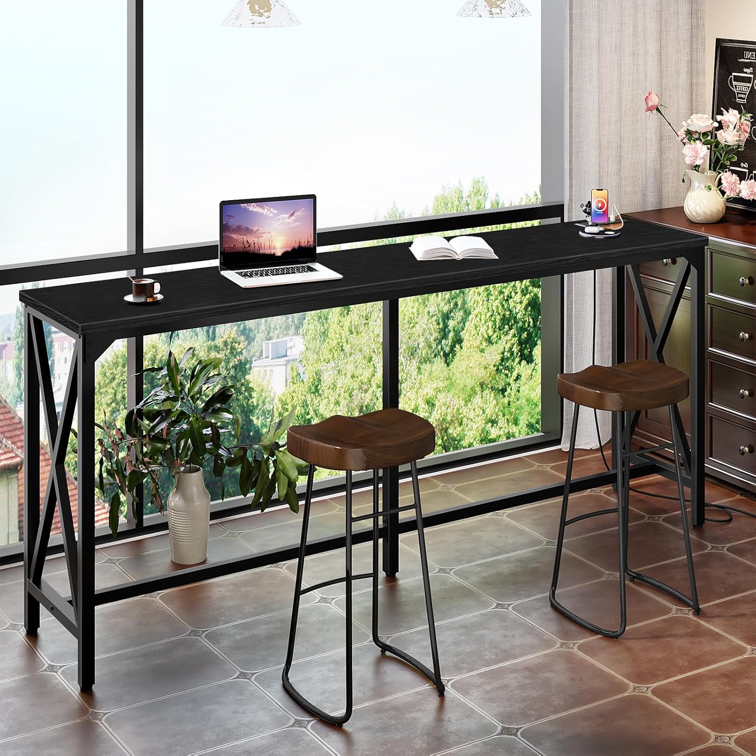 CHOEZON 70.9'' Bar Table, Kitchen Dining Table with Power Outlet and Footrest, Industrial Style, for Pub, Living Room, Black TBT08UBB