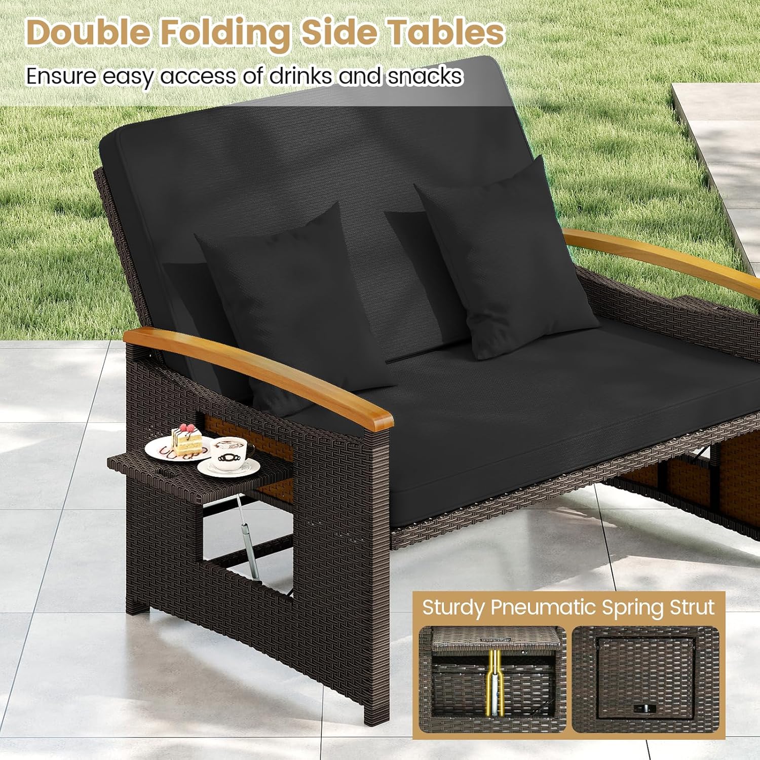 COSTWAY Patio Rattan Daybed, Outdoor Loveseat Sofa with Storage Ottoman, 4-Level Adjustable Backrest & Acacia Wood Armrest, Outdoor Wicker Daybed with Side Panels for Yard, Deck, Poolside (Black)