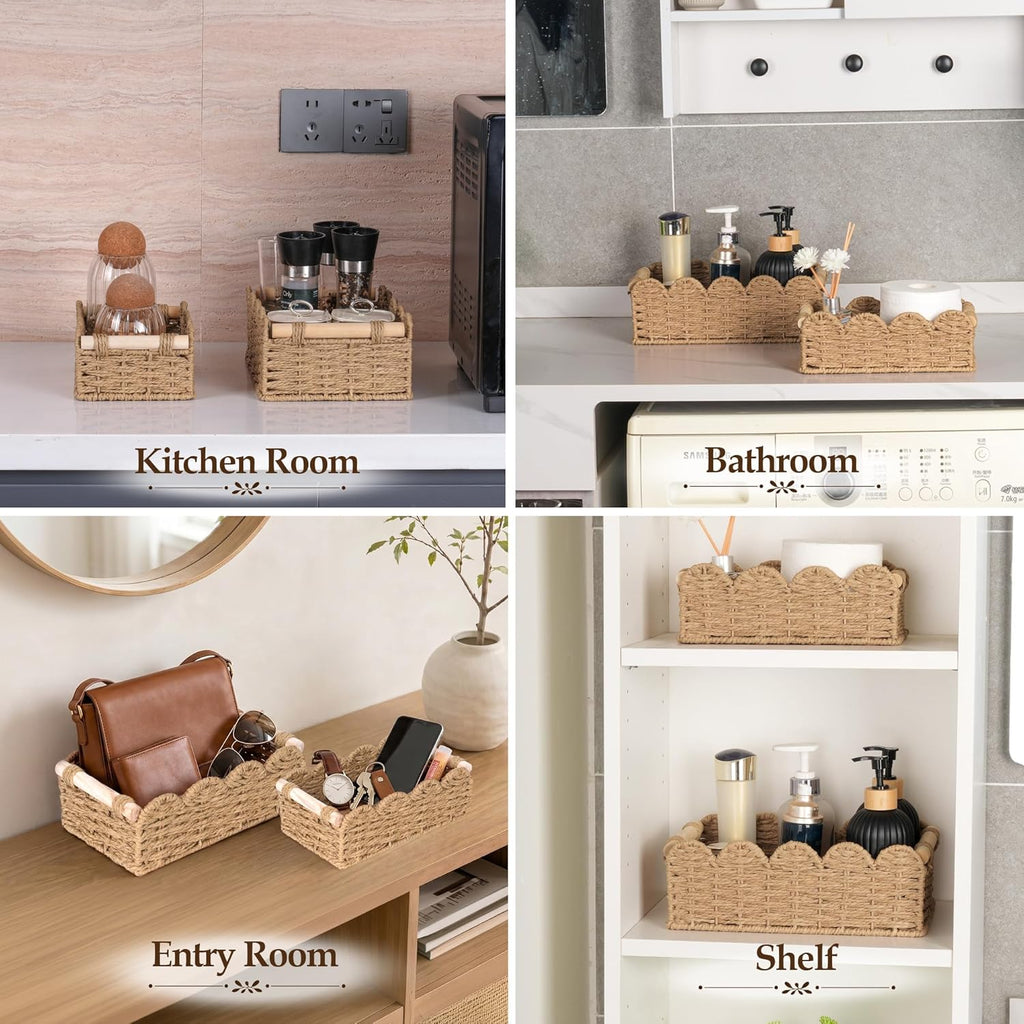 iEGrow Paper Rope Small Storage Baskets for Organizing, Set of 2 Scalloped Edge Wicker Basket with Wooden Handles Toilet Paper Basket for Over Toilet Storage Shelf, Home Decor, Living Room (Neutral)