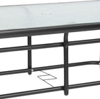 Flash Furniture Tory 31.5" x 55" Rectangular Tempered Glass Metal Patio Table with Umbrella Hole, Modern Rippled Glass Outdoor Dining Table, Black