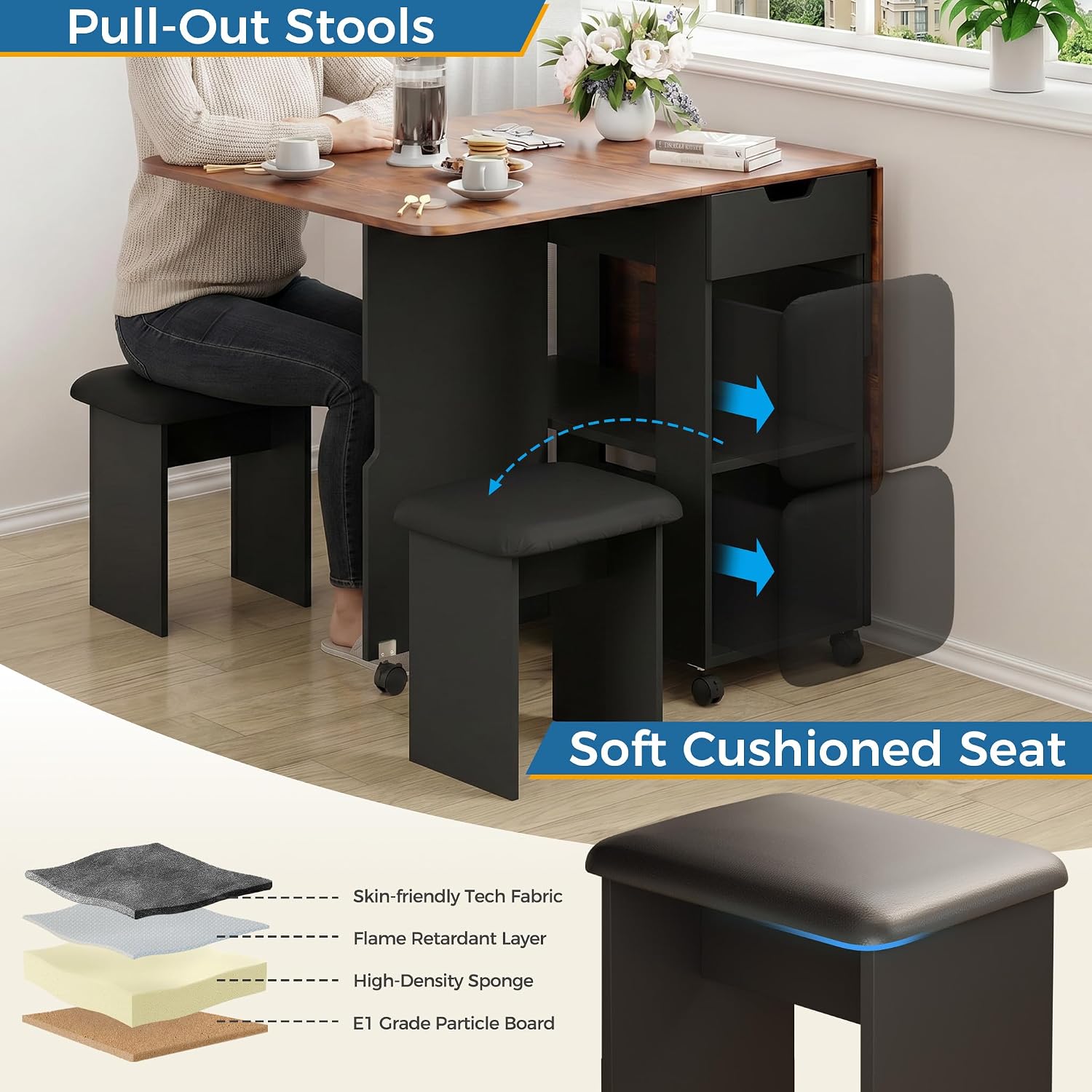 Mondeer Folding Dining Table and Chairs Set 4, 55" Space Saving Table with 4 Cushioned Stools, 2 Drawers and Storage Shelves, Foldable Table and Chairs for Kitchen Dining Room Living Room