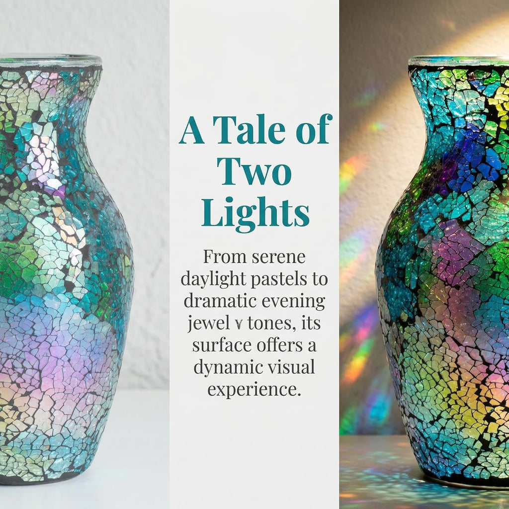 8" Iridescent Crackle Glass Vase, Handmade Deep Teal Green & Violet Mosaic Flower Vase, Dynamic Light-Reactive Art Centerpiece for Home Decor